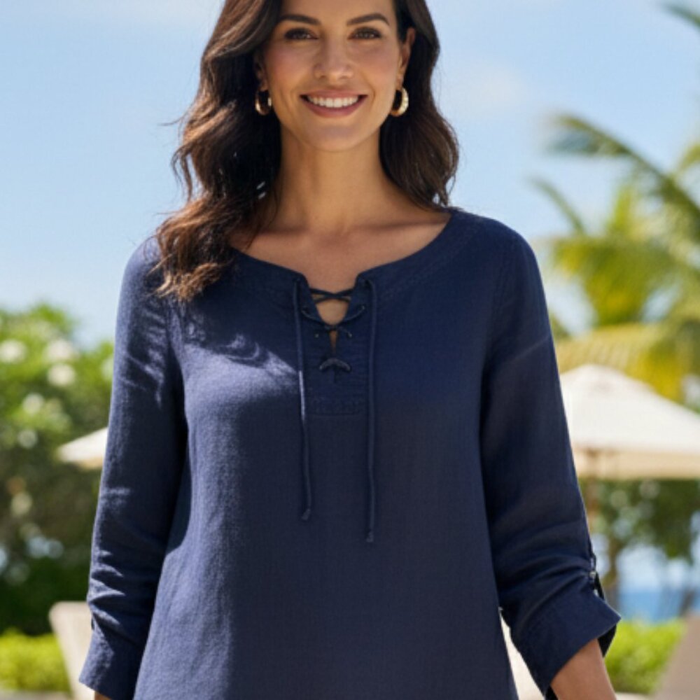 Kate Hill Navy Linen Tunic Blouse
